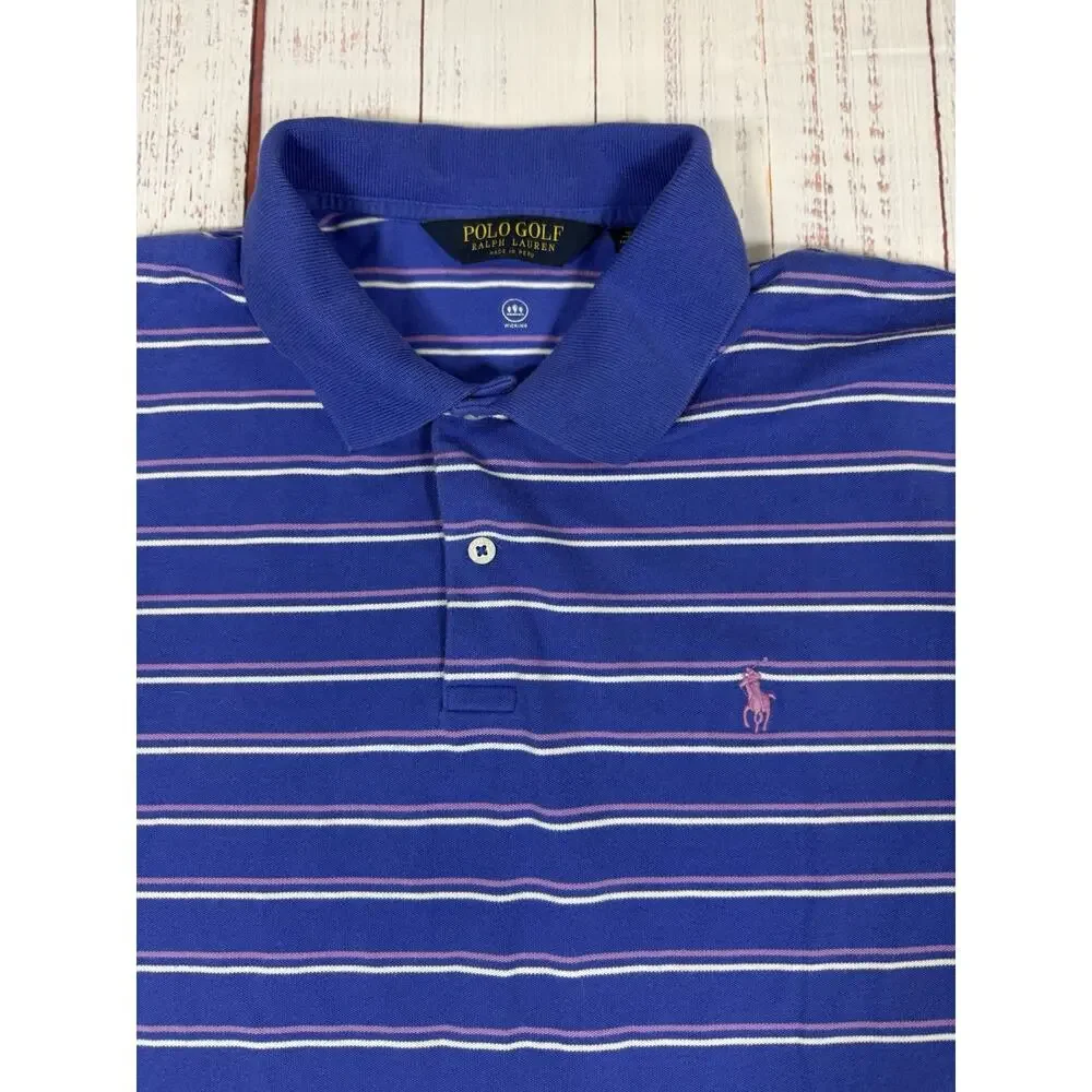 Polo Golf Ralph Lauren Polo Shirt Men XXL 2XL Blue Striped Short Sleeve Wicking